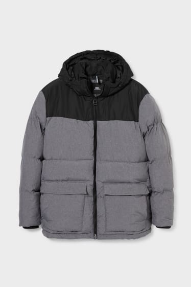Heren - CLOCKHOUSE - gewatteerde jas met capuchon - grijs / zwart