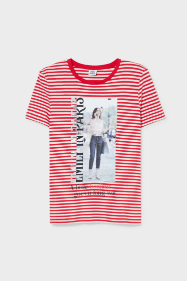 Kobiety - T-shirt - efekt połysku - w paski - Emily in Paris - biały / czerwony