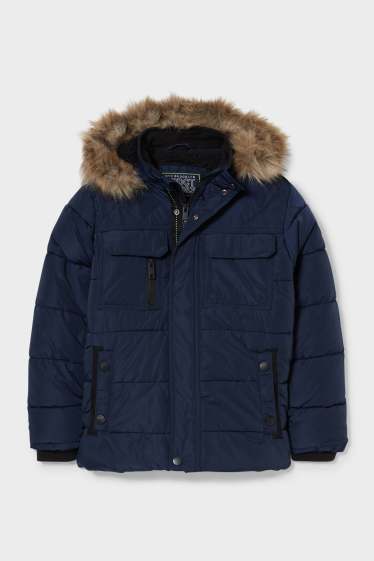 Children - Quilted jacket with hood and faux fur trim - dark blue