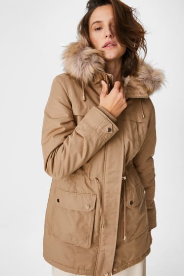 Women - Parka with hood and faux fur trim - lined - havanna