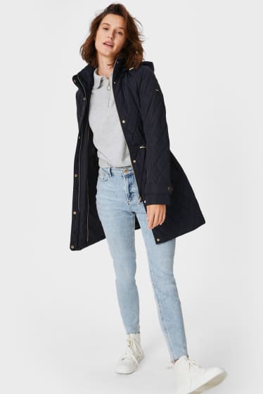 Women - Quilted coat with hood - dark blue