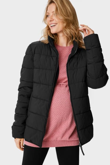 Women - Maternity quilted jacket with hood and baby puch - unisex - black