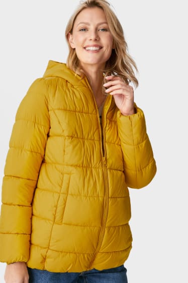 Women - Maternity quilted jacket with hood and baby pouch - yellow