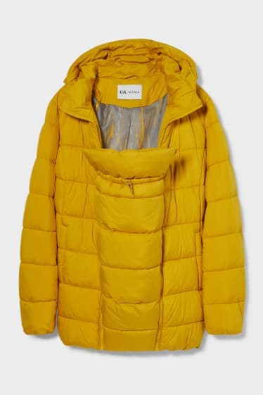 Women - Maternity quilted jacket with hood and baby pouch - yellow