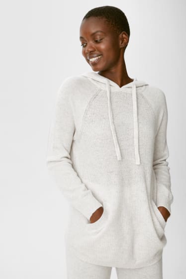 Dámské - Kašmírový svetr s kapucí - bílá-žíhaná