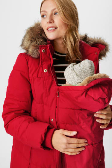 Femmes - Manteau doudoune de grossesse à capuche avec empiècement porte-bébé - rouge