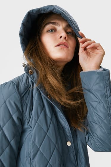 Women - Quilted coat with hood - blue