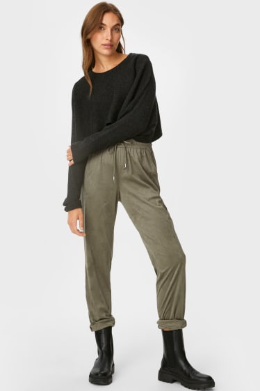 Women - Trousers - relaxed fit - faux suede - green