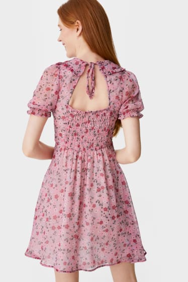 Dames - CLOCKHOUSE - jurk van chiffon - gebloemd - fuchsiarood