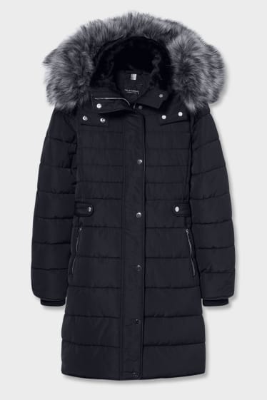 Dames - Gewatteerde mantel met capuchon en rand van imitatiebont - zwart