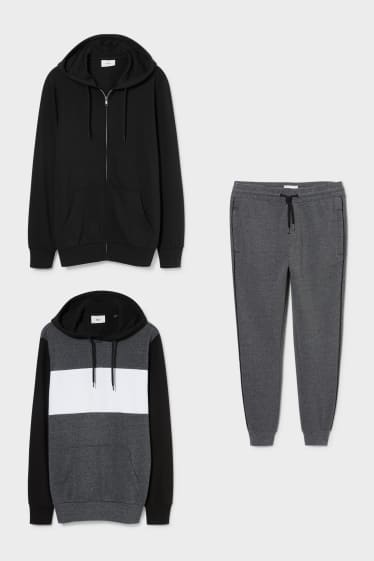 Heren - Set - vest met capuchon, hoodie en joggingbroek - zwart / grijs