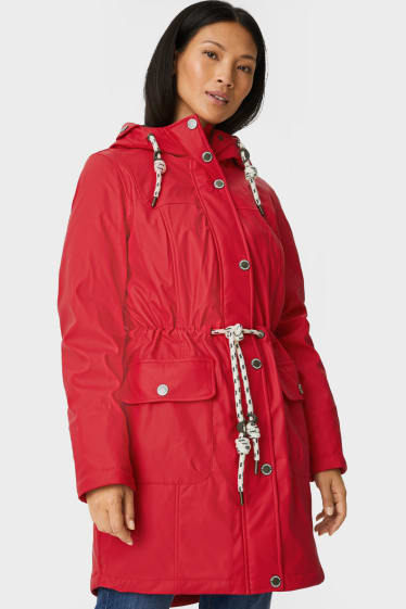 Women - Hooded raincoat - dark red