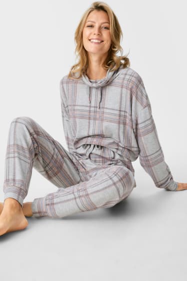 Dámské - Pyžamové kalhoty - kostkované - světle šedá-žíhaná