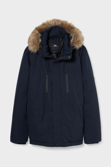 Men - CLOCKHOUSE - jacket with hood and faux fur trim - dark blue