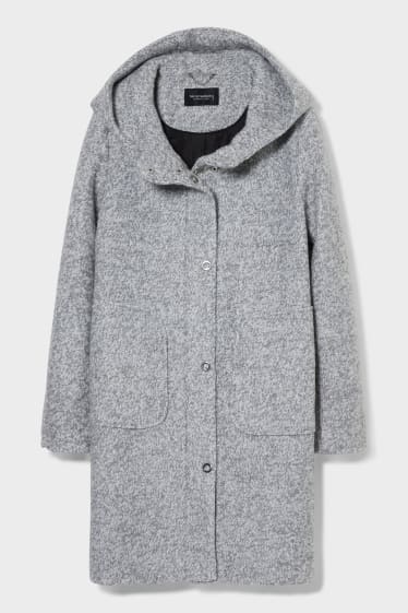 Dámské - Buklé kabát s kapucí - světle šedá-žíhaná