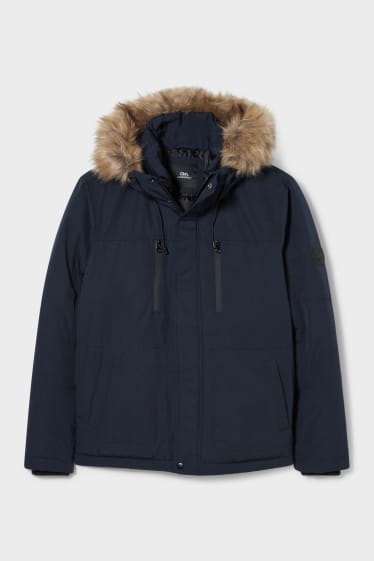 Men - CLOCKHOUSE - jacket with hood and faux fur trim - dark blue