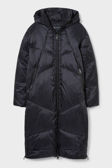 Women - Quilted coat with hood   - black