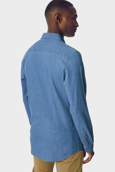 Mężczyźni - Koszula dżinsowa- slim fit - kołnierzyk włoski - Flex - niebieski