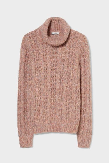 Femmes - Pull à col roulé - motif tressé - rose