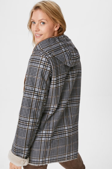 Women - Jacket with hood - lined- check - gray