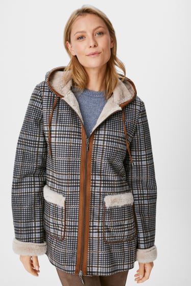 Women - Jacket with hood - lined- check - gray