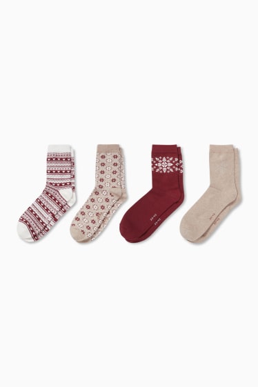 Mujer - Pack de 4 - calcetines navideños - blanco / rojo oscuro