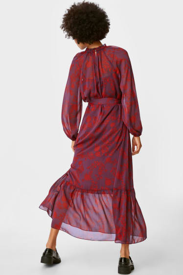 Dámské - Šifónové šaty - 2dílné - s květinovým vzorem - tmavočervená