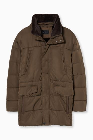 Men - Quilted jacket with hood and faux fur trim - dark brown