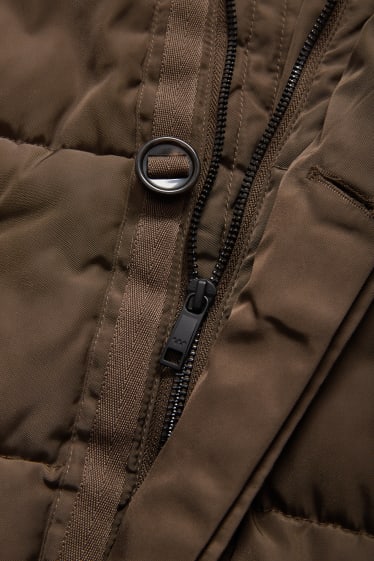 Men - Quilted jacket with hood and faux fur trim - dark brown