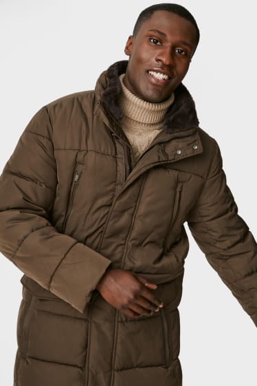 Men - Quilted jacket with hood and faux fur trim - dark brown
