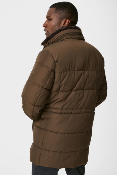 Men - Quilted jacket with hood and faux fur trim - dark brown