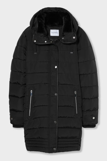 Women - Quilted coat with hood  - black