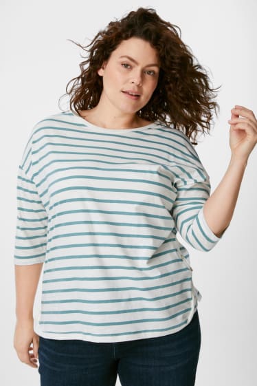 Women - Long sleeve top - striped - white / turquoise