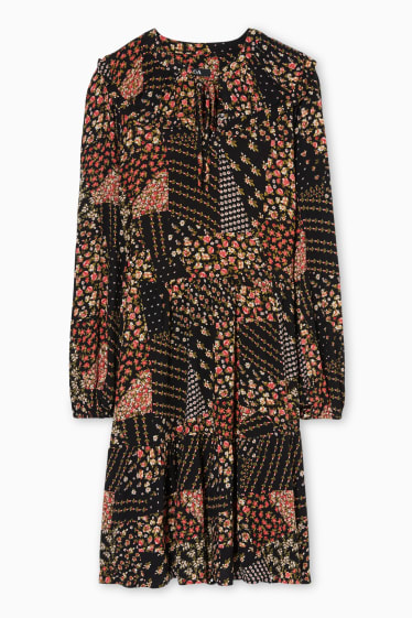 Damen - Fit & Flare Kleid - geblümt - schwarz
