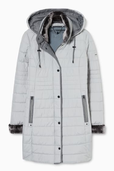 Women - Quilted coat with hood - light gray