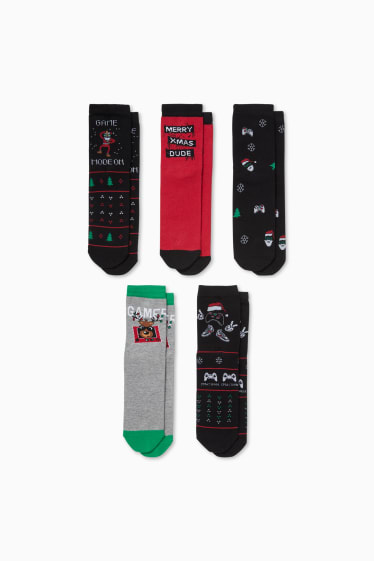 Niños - Pack de 5 - calcetines navideños - negro / rojo