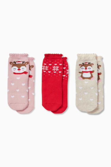 Bébés - Lot de 3 paires - chaussettes de Noël antidérapantes pour bébé - rose pâle / rouge