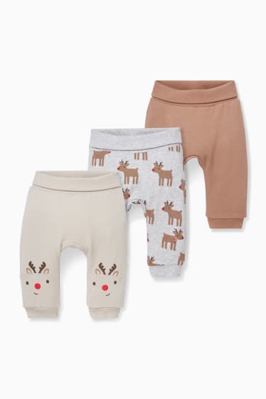 Niemowlęta - Wielopak, 3 pary - niemowlęce spodnie dresowe w bożonarodzeniowym stylu - szary / brązowy