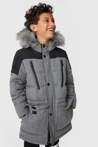 Children - Quilted jacket with hood and faux fur trim - gray-melange