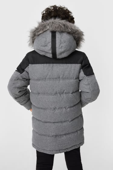 Enfants - Veste matelassée à capuche avec garniture d'imitation fourrure. - gris chiné