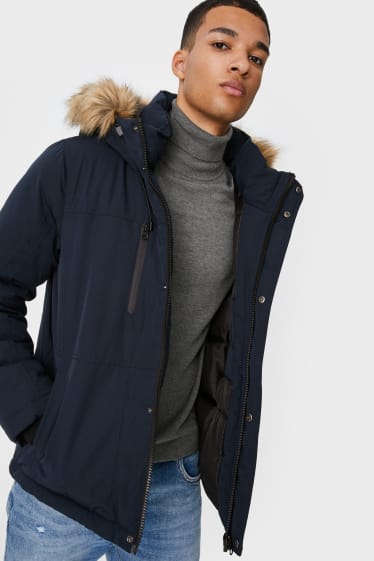 Men - CLOCKHOUSE - jacket with hood and faux fur trim - dark blue