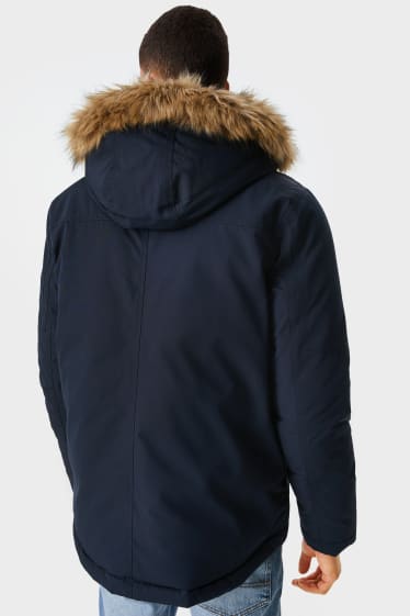 Men - CLOCKHOUSE - jacket with hood and faux fur trim - dark blue