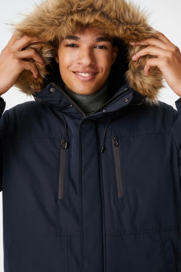 Men - CLOCKHOUSE - jacket with hood and faux fur trim - dark blue