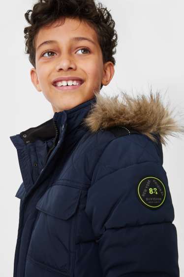 Children - Quilted jacket with hood and faux fur trim - dark blue