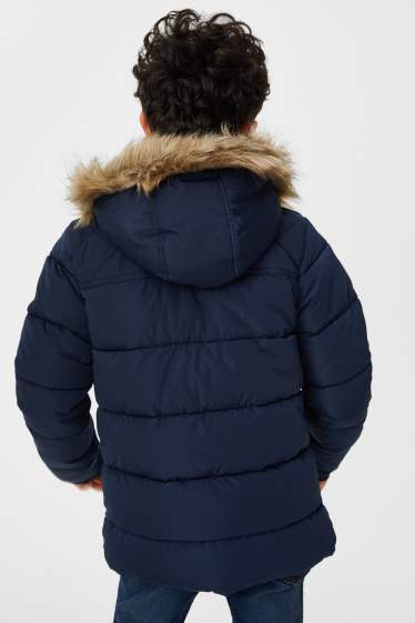 Children - Quilted jacket with hood and faux fur trim - dark blue