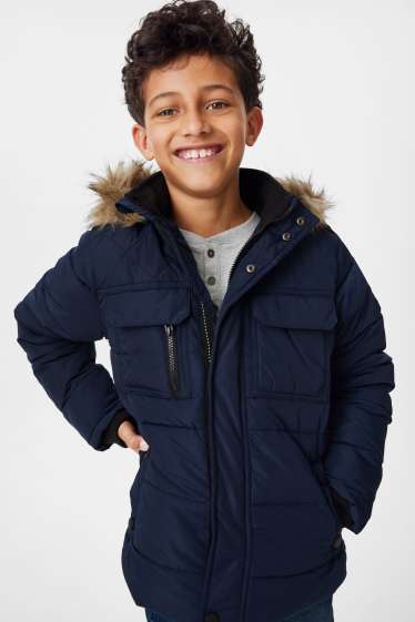 Children - Quilted jacket with hood and faux fur trim - dark blue