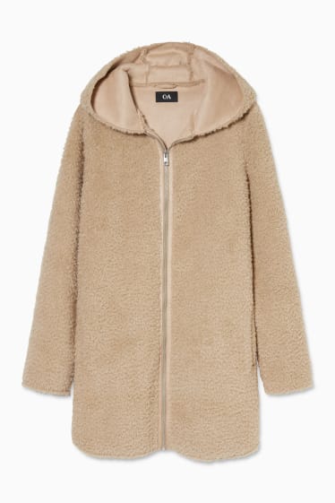 Women - Faux fur jacket with hood - beige