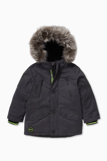 Children - Down jacket with hood and faux fur trim - dark gray
