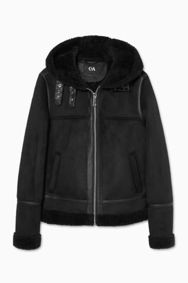 Women - Jacket with hood - faux suede - black