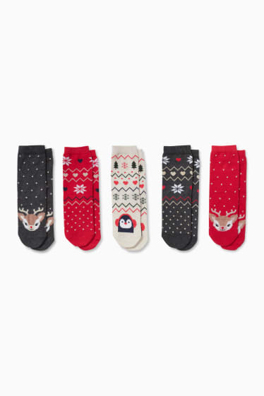 Enfants - Lot de 5 - chaussettes de Noël - effet brillant - rouge / gris